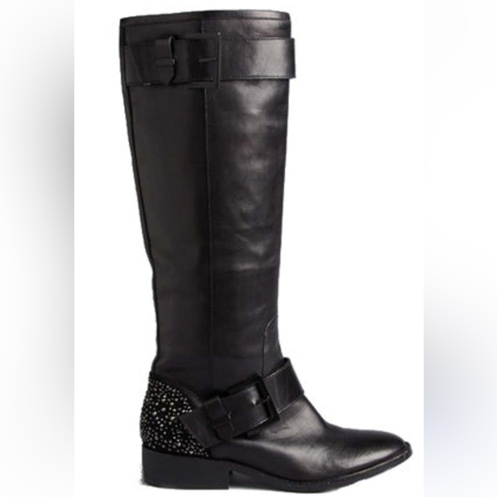 B Brian Atwood Dita Crystal Heel Black Leather Tall Moto Flat Boots